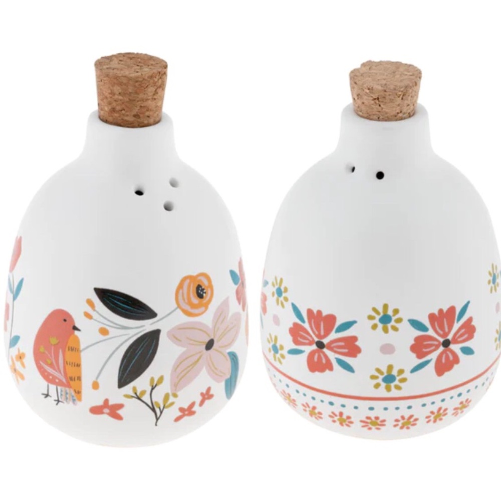 Karma Ava salt & pepper shakers-bird & flowers on stoneware w/corks-NWT